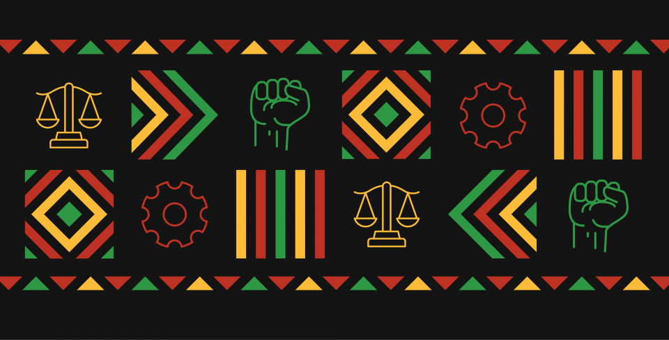Green, red, yellow pattern on black background, with raised fist and justice symbols