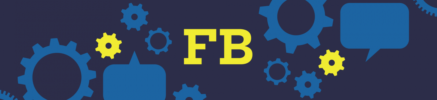Les mots FB avec des engrenages bleu clair sur fond bleu