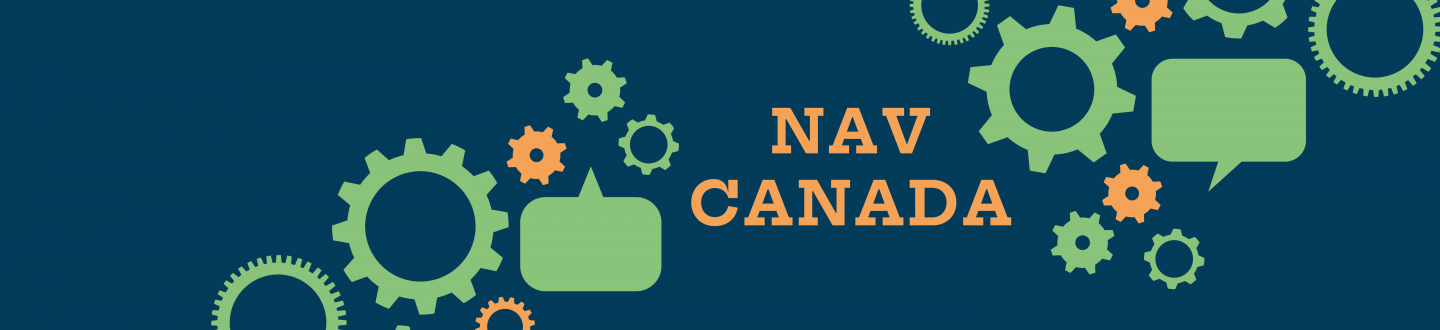 Texte Nav Canada sur fond bleu foncé avec icônes d'engrenages verts