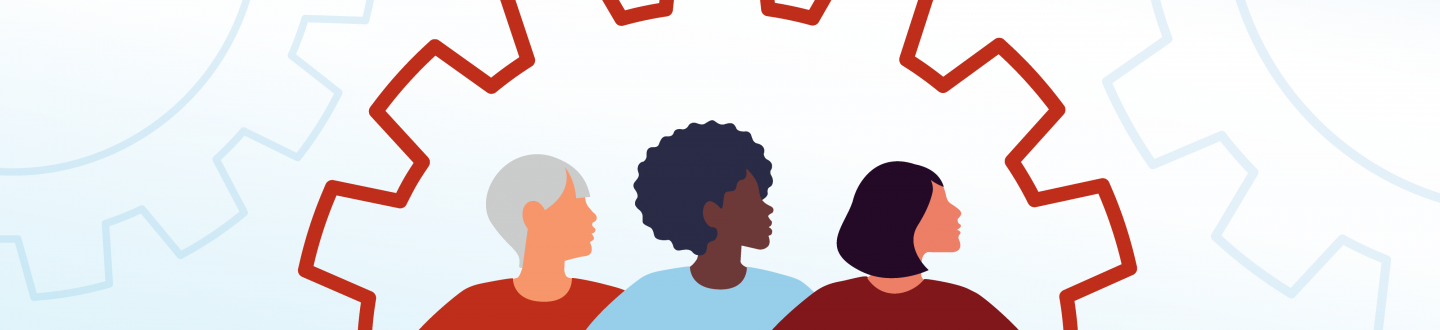 Bannière représentant des femmes levant les yeux avec défi, avec un motif bleu clair en forme d'engrenage.