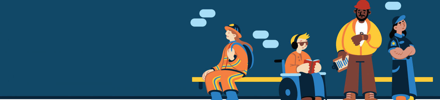 Des personnes travaillant et vaquant à leurs occupations sur un fond bleu foncé 