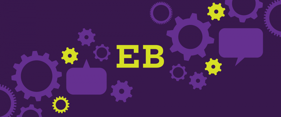 Graphique violet avec des rouages en arrière-plan et un texte jaune indiquant « EB ».