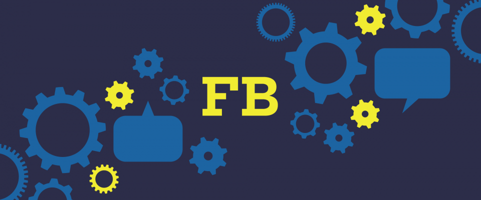 Graphique de négociation FB Fond bleu marine avec des engrenages bleus et jaunes et des bulles de discussion avec « FB » au milieu.