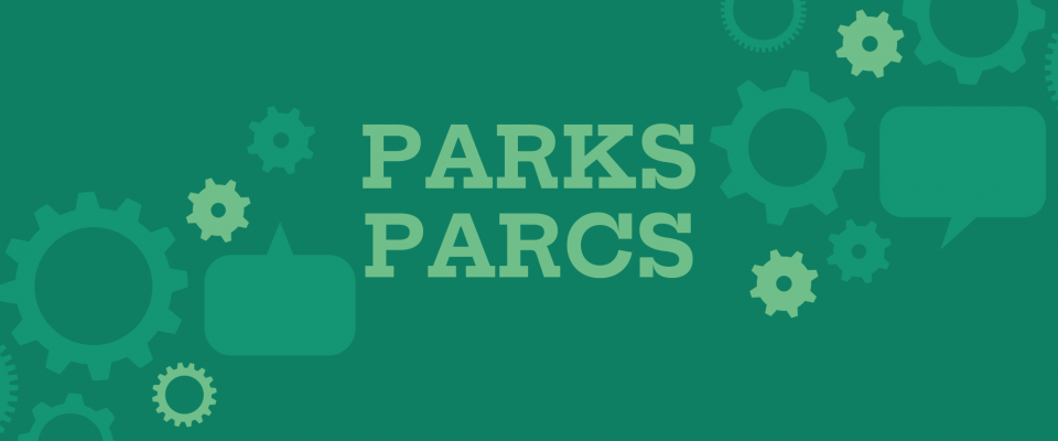 Graphique de Parcs Canada Graphique vert présentant le titre bilingue « Parks / Parcs », accompagné d’icônes de bulles de dialogue et d’engrenages.