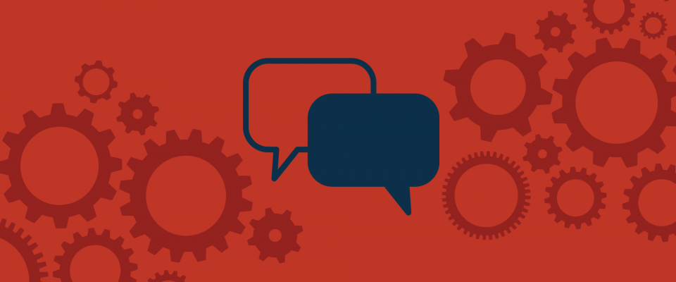 Red background with a collage of cogs and two blue chat bubble in the middle