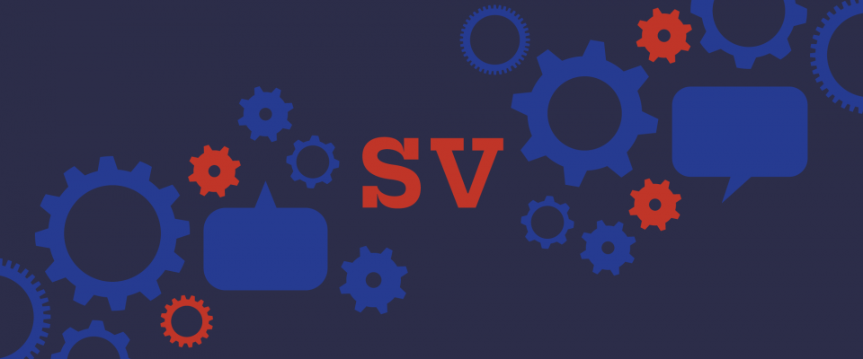 SV text on dark blue background with cogs