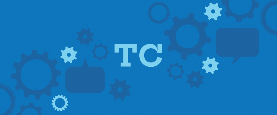 TC text on blue background with cogs