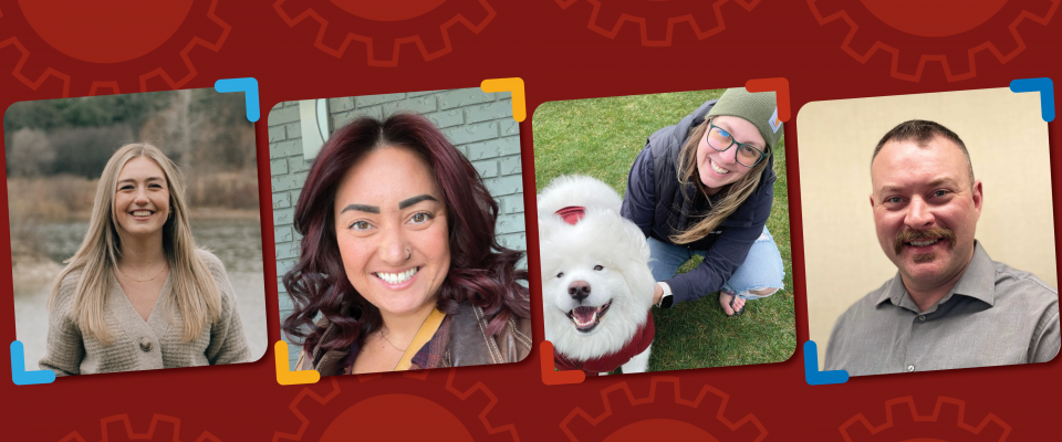 Image de bannière représentant nos membres sur un fond rouge texturé