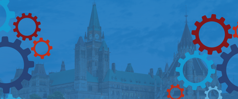 Graphique bleu représentant le sommet du bâtiment du Parlement et un collage d'engrenages.