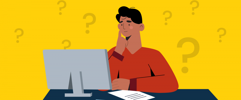 Illustration « FAQ » Fond jaune avec des points d'interrogation et une personne regardant l'écran d'un ordinateur