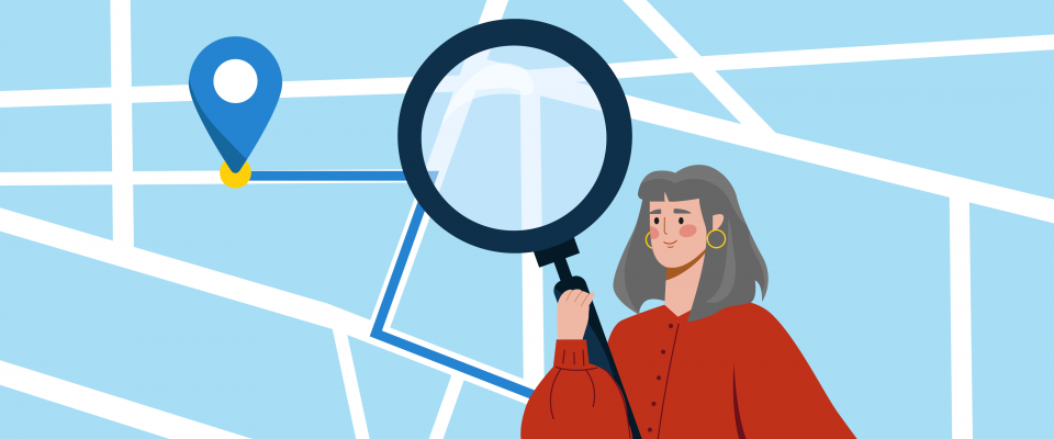 Illustration de contact de l'AFPC Une femme consultant une carte à l'aide d'une loupe et d'une épingle pour localiser un bureau régional