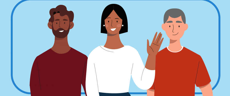 Illustration représentant trois personnes faisant un signe de la main sur fond bleu.