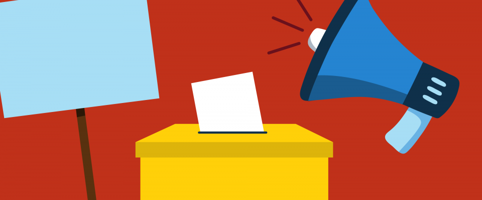 Illustration sur le vote de grève Fond rouge avec une urne jaune au centre, flanquée d'une pancarte de grève et d'un mégaphone de chaque côté.