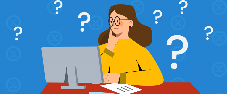 Infographie « FAQ sur les votes de grève » Une femme vêtue de jaune regardant un ordinateur, entourée de points d'interrogation et de « x ».