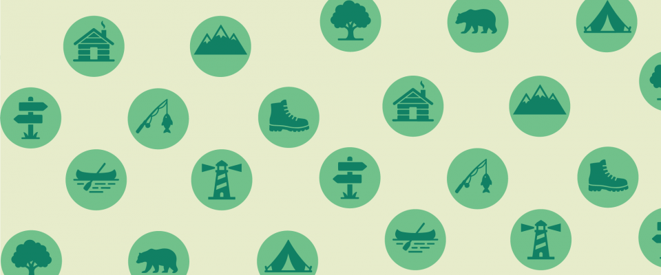 Un graphique pour la Journée des parcs du Canada Un motif ludique d’icônes de plein air qui célèbre les parcs et la nature au Canada.