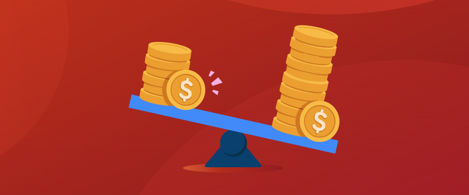 Graphique sur l’écart salarial entre les genres Illustration d’une balance inclinée montrant des piles de pièces de monnaie inégales, représentant l’écart salarial entre les genres.