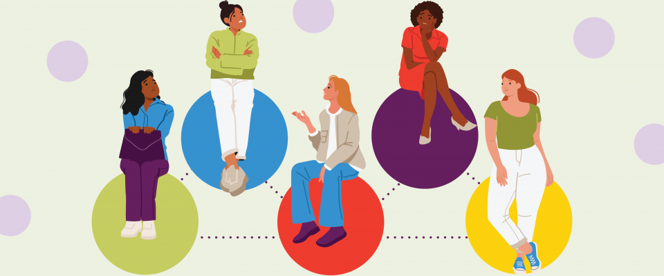 Fond vert clair à pois, sur lequel un groupe de femmes aux visages inquiets, assises sur des cercles colorés, discutent entre elles.