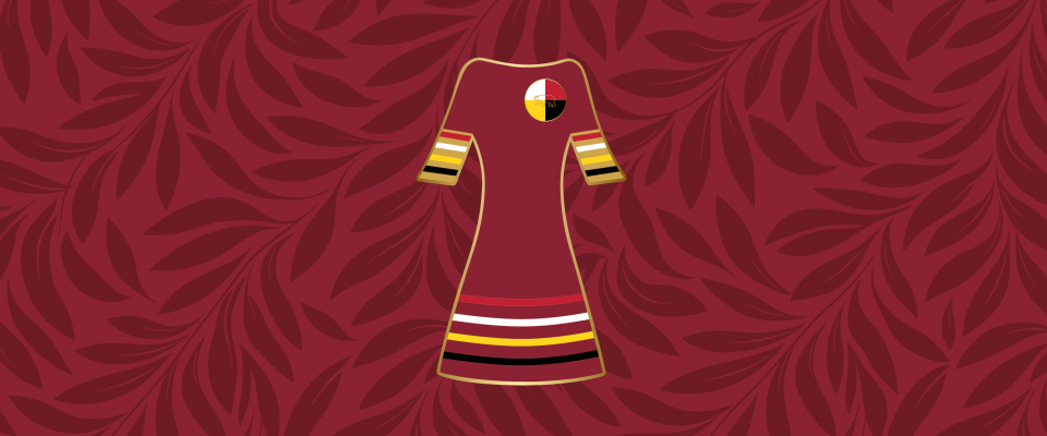 Illustration représentant une robe rouge sur un fond rouge foncé orné de motifs de feuilles.