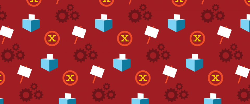 Illustration sur le vote de grève Un fond rouge orné d'un motif composé d'urnes électorales, de « X » encerclés, de pancartes de grève et de rouages.