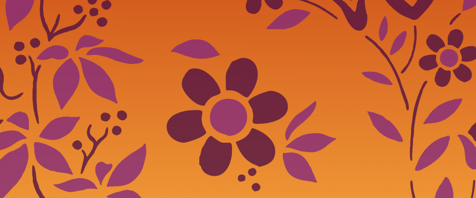 Graphique de la journée nationale de la vérité et de la réconciliation Un fond orange chaleureux orné d’un motif floral répétitif dans des tons de violet et de bordeaux.