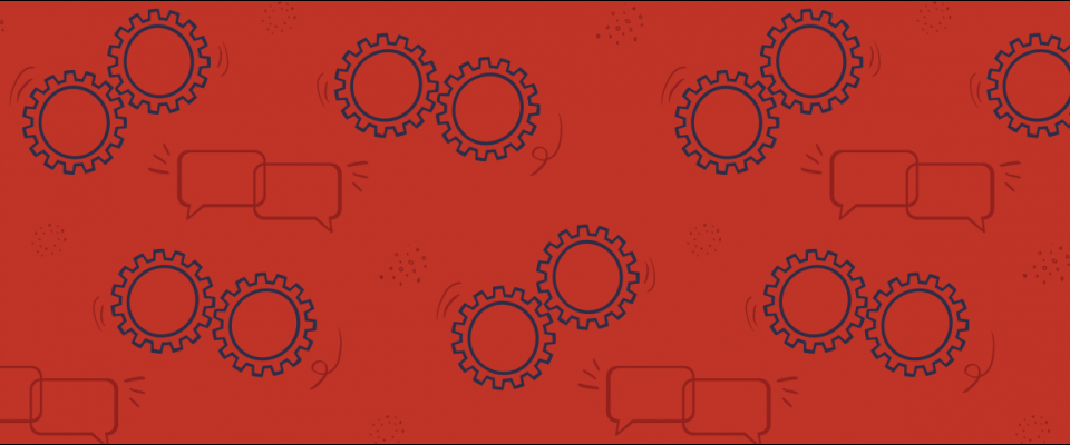 Graphique rouge représentant des rouages et des bulles de dialogue.