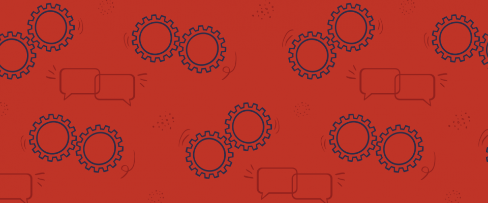 Graphique rouge avec les roues dentées.