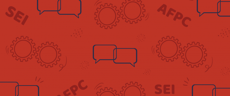 Texte: AFPC SEI  et bulles de texte et rouages