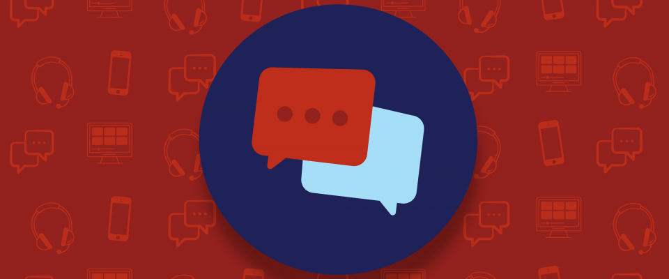 Red background with icons of computers, headsets, and cell phones behind a graphic of text bubbles. 