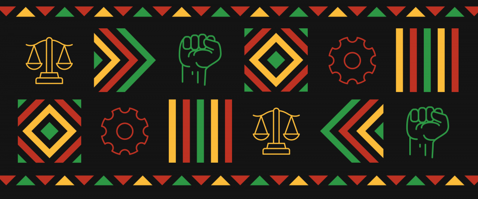 Green, red, yellow pattern on black background, with raised fist and justice symbols