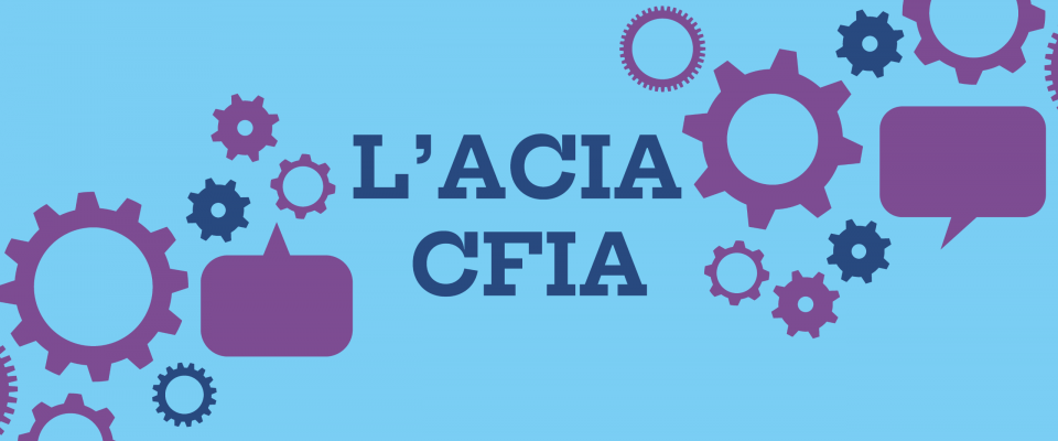 Texte CFIA L'ACIA sur fond bleu clair avec icônes d'engrenages