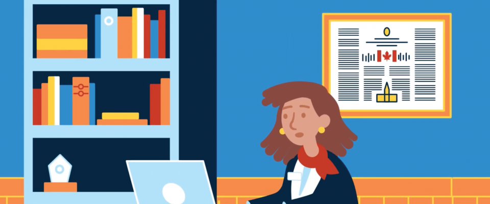 Illustration d'une députée assise à son bureau devant un ordinateur portable.