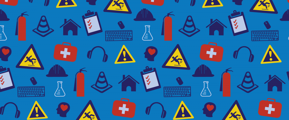 Fond bleu avec des images clipart représentant des icônes liées à la santé et à la sécurité, telles que des trousses de premiers secours, des panneaux d'avertissement et des casques antibruit.