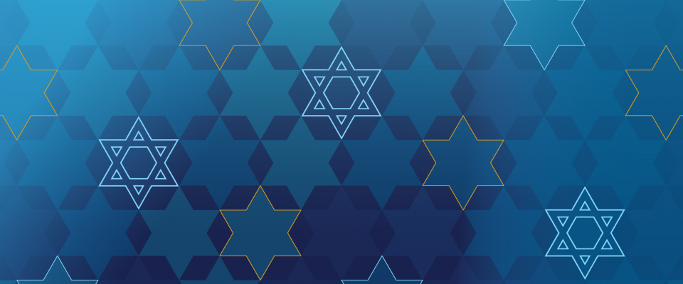 Fond géométrique bleu composé d'étoiles de David qui se chevauchent, dans différentes nuances de bleu et d'or.