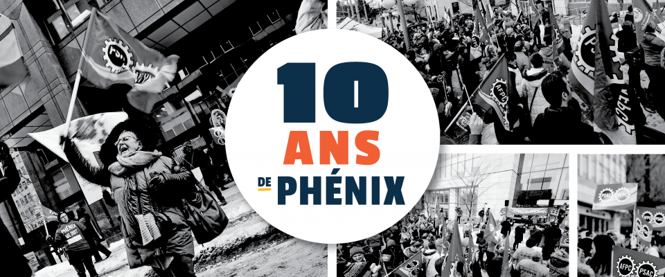 Collage de trois images en noir et blanc représentant des membres de l'AFPC protestant contre Phénix au fil des ans, avec le logo blanc « 10 ans de Phénix » au centre.