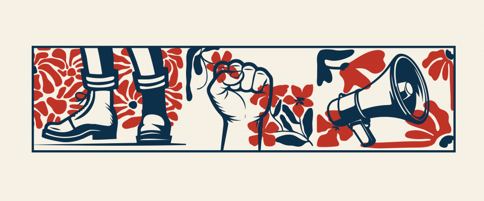 Image - bottes sur le terrain - poing de solidarité - mégaphone