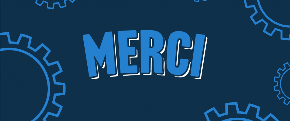 Image de remerciement Illustration bleue représentant des rouages et portant l'inscription « Merci »
