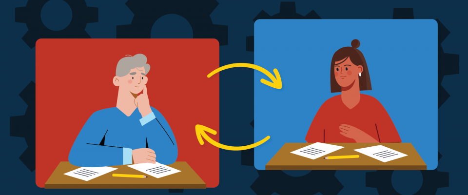 Deux personnes face à face que pointent des flèches circulaires opposées.