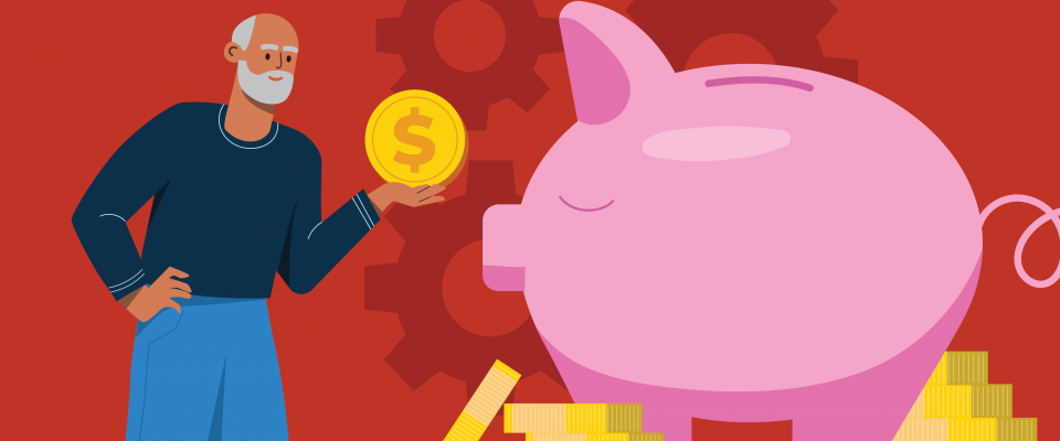 Illustration d'un homme en train de mettre une pièce dans une tirelire géante.