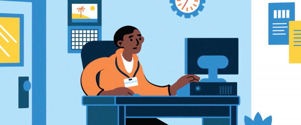 Capture d'écran tirée d'une vidéo montrant une personne assise à un bureau et regardant un ordinateur.