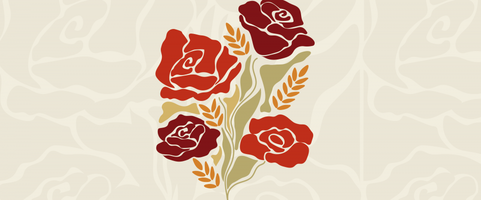Graphique représentant des roses rouges et des brins de blé jaunes sur fond blanc.