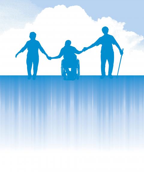 Trois personnes se tenant la main avec, en arrière-plan, un ciel bleu