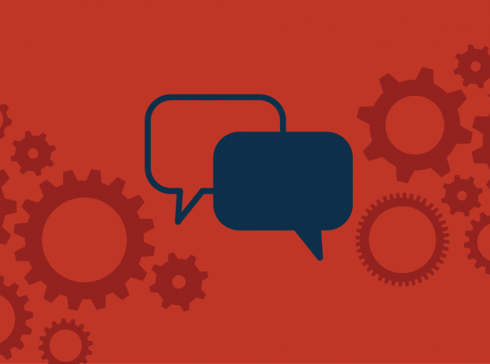 Speech bubbles on a red and gear patterned background