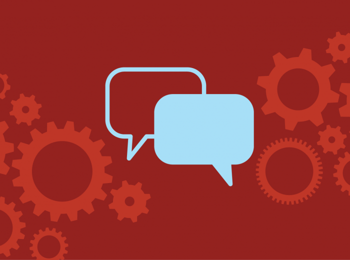 Red background with cogs and speech bubbles