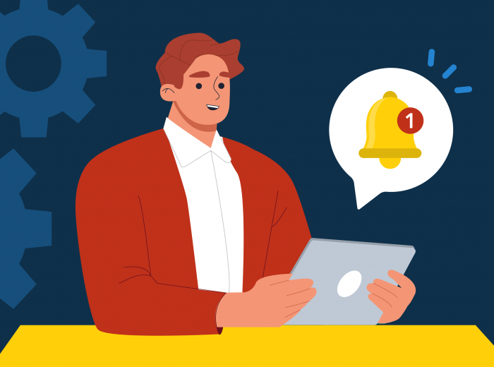 Figure holding ipad with alert icon