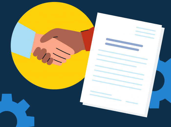 Hands shaking with document