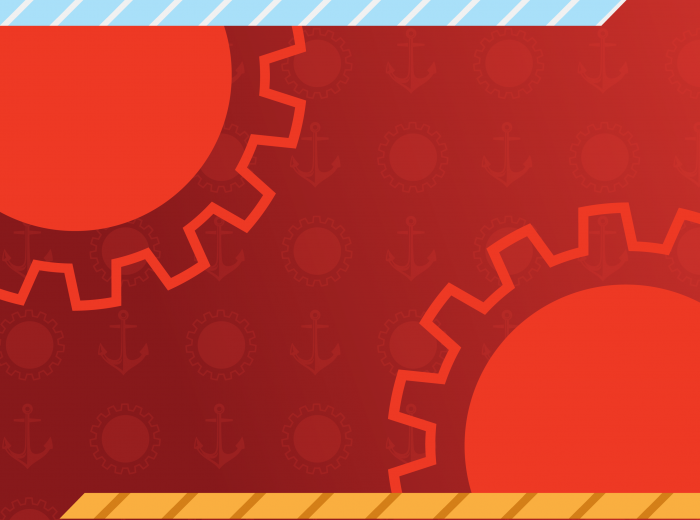 image représentant des engrenages rouges avec une bordure bleue et jaune