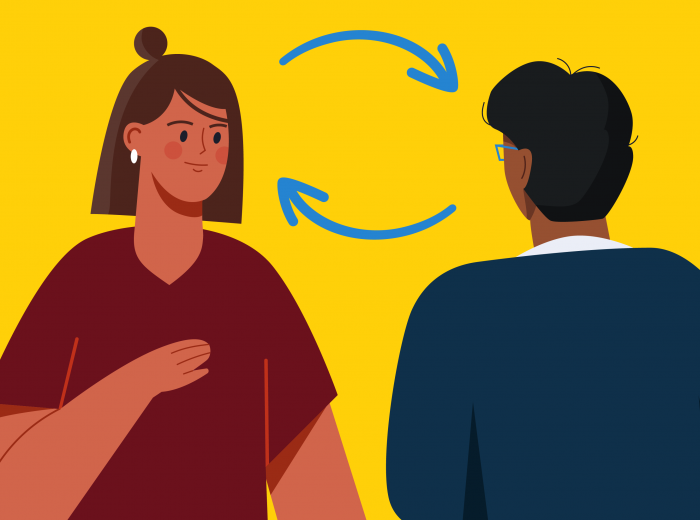 Deux personnes se regardant avec des flèches circulaires entre elles