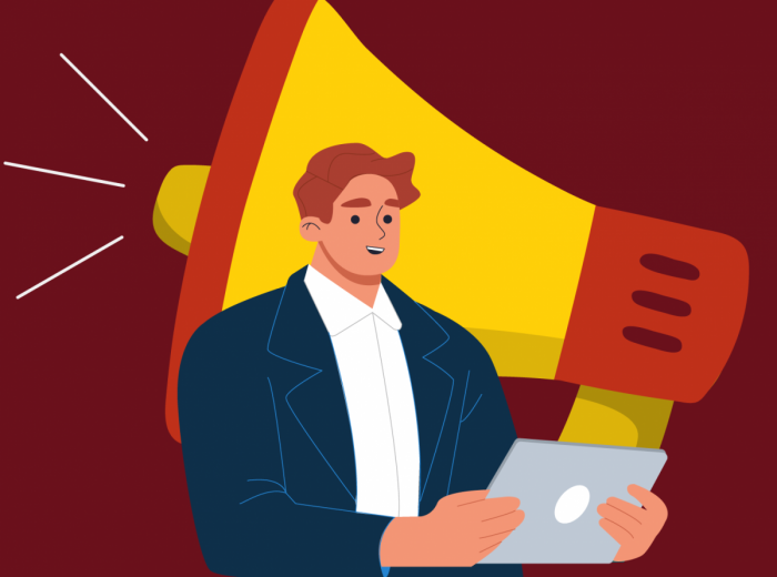 Personnage avec classeur devant un mégaphone jaune 