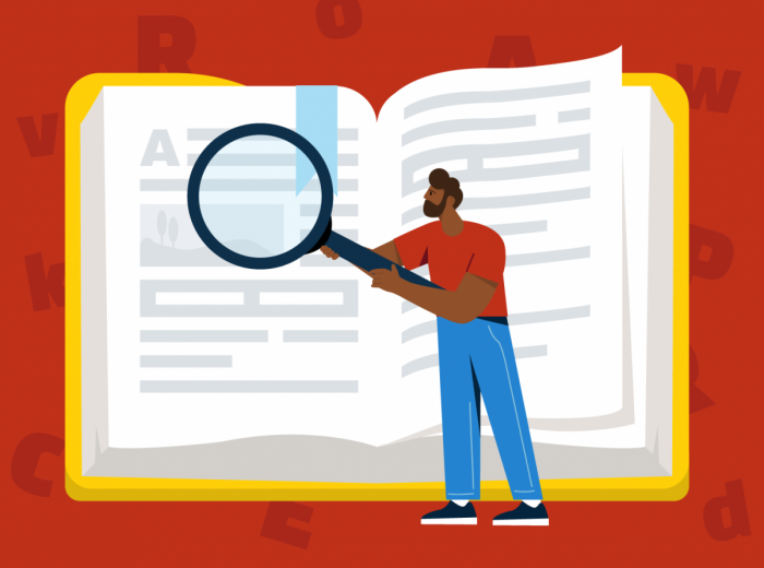 Personnage avec loupe devant un livre jaune