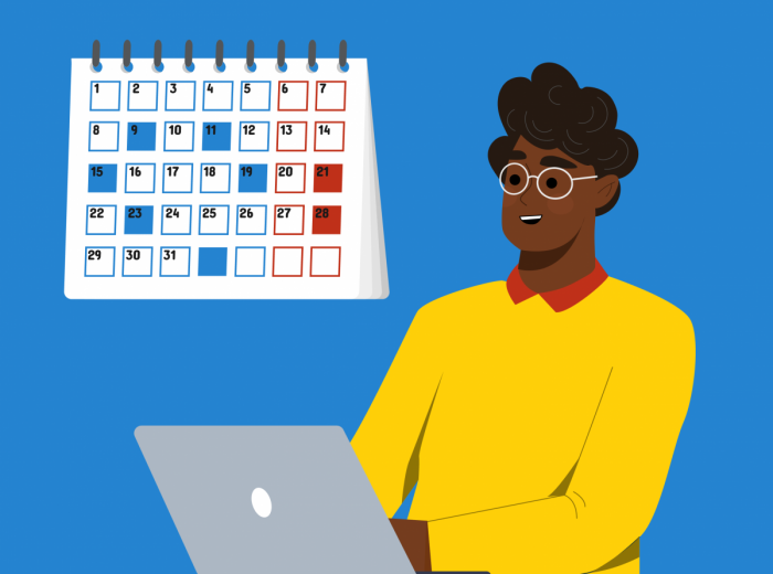 Personnage en jaune devant un ordinateur portable et un calendrier